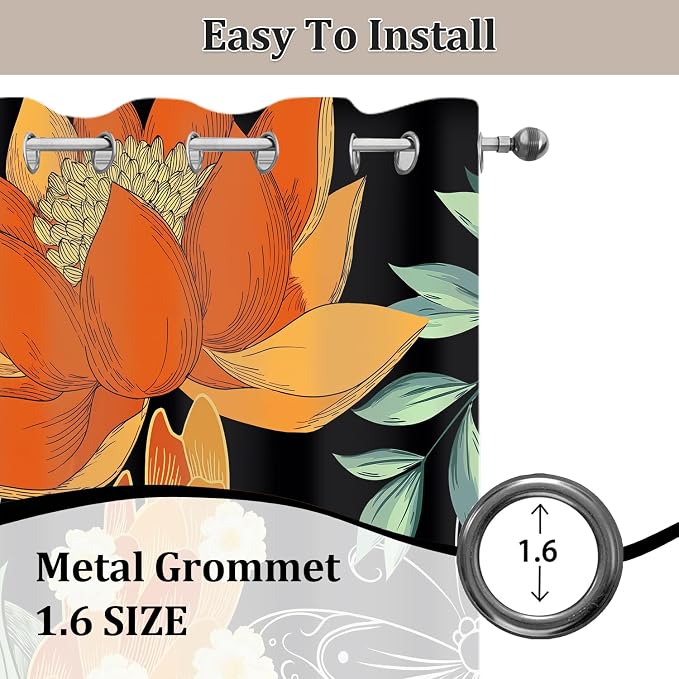 Orange Boho Floral Blackout Curtain, Mid Century Vintage Flower Botanical Curtains, Dark Aesthetic Art Grommet Drapes 2 Panels, Farmhouse Bedroom Living Room Decor 52X84 Inch