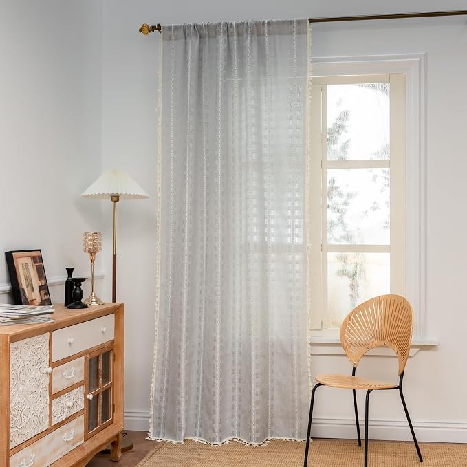 Deeprove Silver Grey Boho Curtain 96 inches Length for Living Room Bedroom Nursery Doorway, Sheer Bohemian 96 inches Long, Stripe Embroidery Privacy Window Fringe Christmas Decor W52 x L96, 1 Panel
