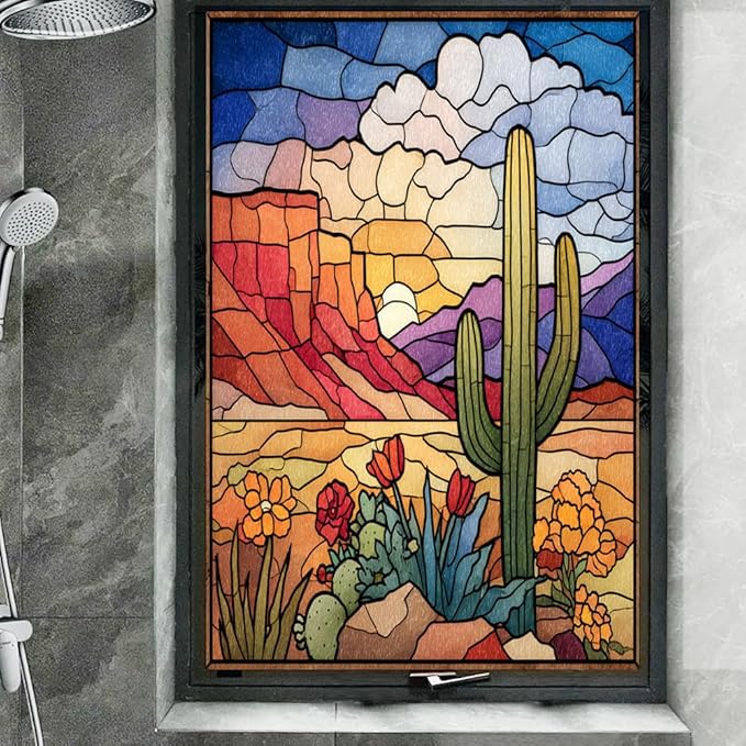 Colorful Desert Stained Glass Window Film, Artistic Cactus Landscape Peel and Stick Privacy Film, Frosted Adhesive Vinyl Decorative for Bathroom Windows Glass Doors, 17.7Wx39.4L inch