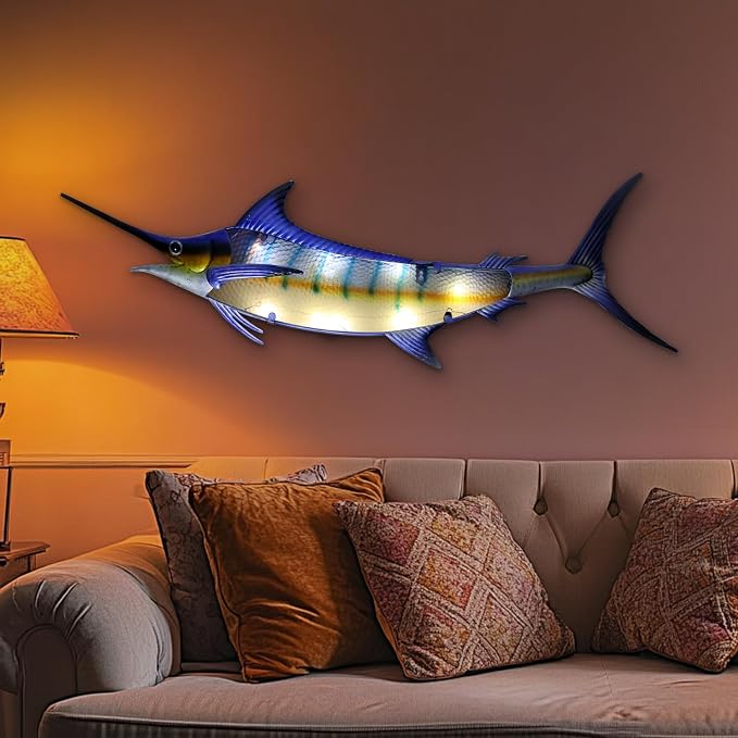 LIFFY Metal Fish Wall Decor,36" Large Marlin Wall Decor with Led Lights,Indoor Outdoor Mounted Ocean Hanging Decorations for Garden Patio Living Room Bedroom,Gift for Home Decor & Nautical Lover