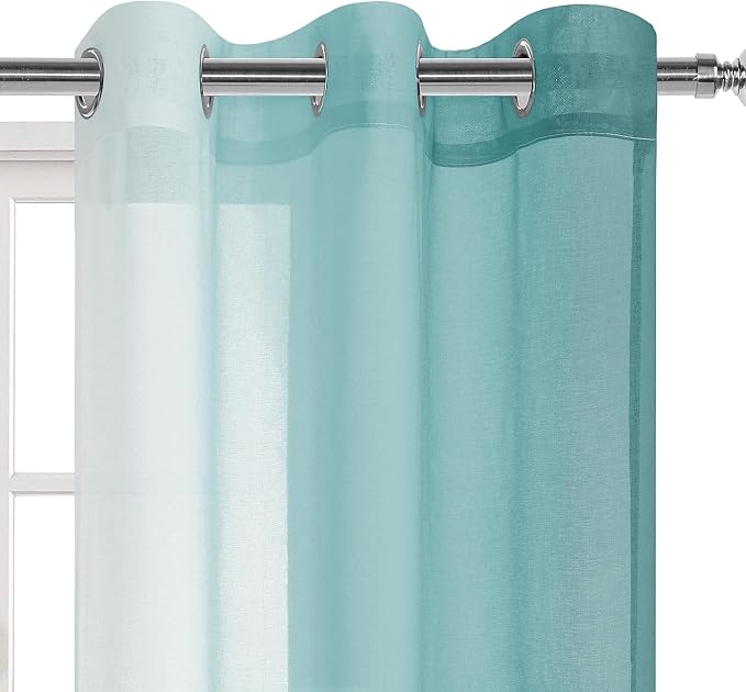 DWCN Ombre Short Sheer Curtains - Faux Linen Semi Voile Gradient Light-Filtering Bedroom and Living Room Curtains, Set of 2 Grommet Top Window Drape Panels, 42 x 45 Inch Length, Peacock Blue