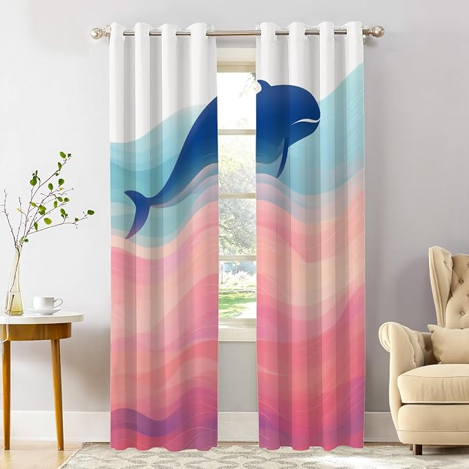 Shrahala Whale Waves Thermal Insulated Blackout Window Curtains, Whale in Colorful Waves Long Drapes for Bedroom/Living Room with Plastic Grommet, 52X84 Set of 2