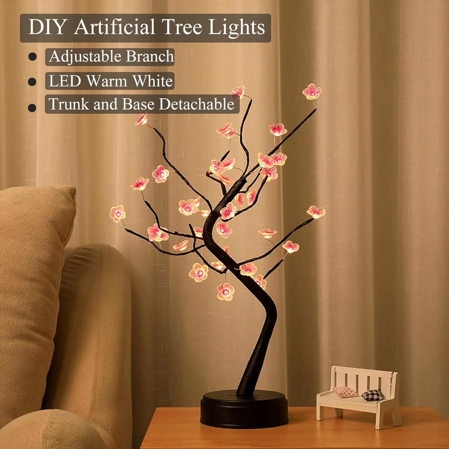 36 LED Cherry Blossom Sparkly Fairy Spirit Tree Lights, Twinkling Tree 3AA&USB Powered, Tabletop DIY Artificial Tree Lamp for Bedroom Christmas Indoor Room Decor Lights (Warm White)