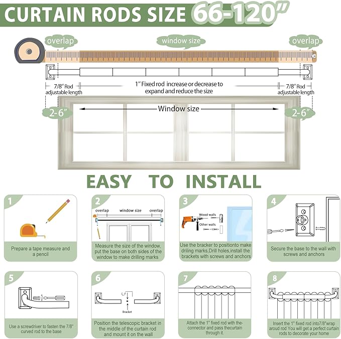 TVWOO Bronze Wrap Around Curtain Rods 66 to 120:Blackout Adjustable Window Curtain Rod,Room Darkening Heavy Duty Curved French Metal Single Drapery Rods for Bedroom Kitchen Easy Install,Antique Bronze