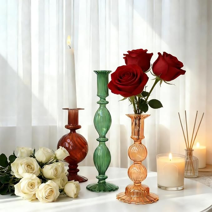 3pcs Glass Candlestick Holders Set of 3 for Decorations Vintage Ball Taper Candle Holder for Valentines Day Wedding Birthday Table Centerpiece
