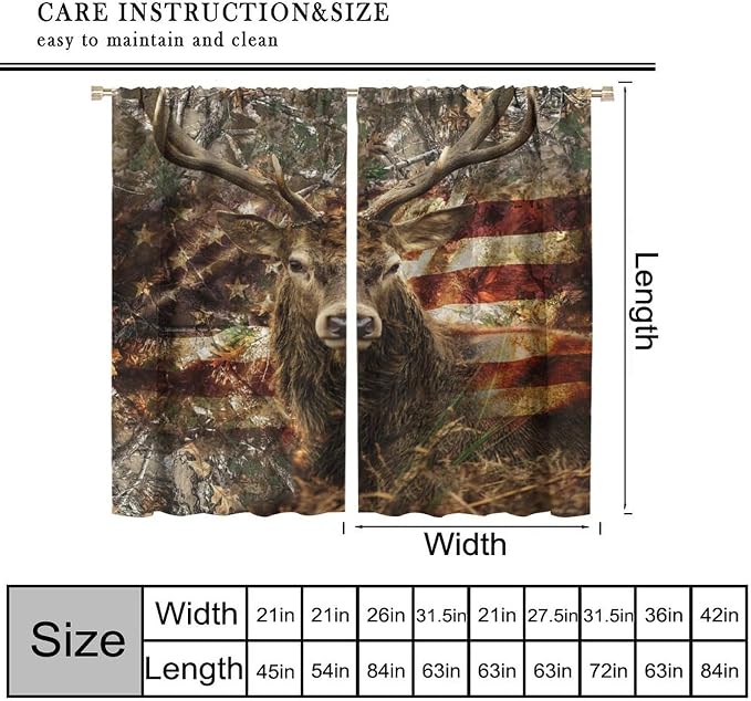 Vintage Bear Blackout Curtains for Kitchen Vintage Country Farmhouse Camouflage Forest Hunting Cabin American Flag Wild Elk Animal Windows Treatments for Bedroom Living Room 63x63in