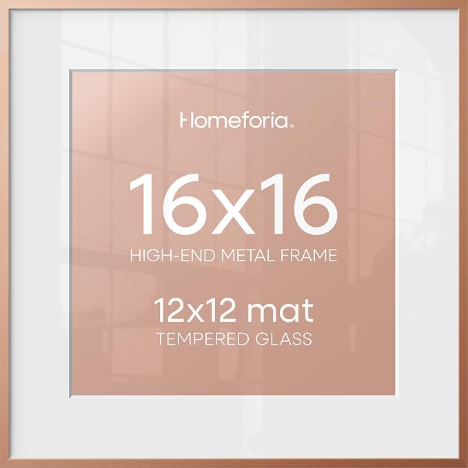 Homeforia 16x16 Picture Frame Rose Gold, High End Metal 16 x 16 Square Poster Frame with Mat 12 x 12 Photo, 16x16 Frame Matted to 12x12 Print, 16by16 Hanging Frames, Tempered Glass, Wall Kit, Set of 1