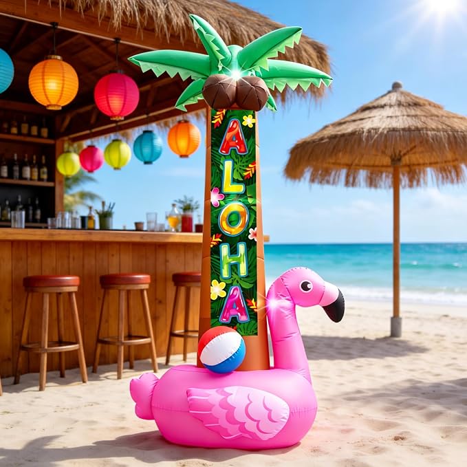 7FT Inflatable Pink Flamingo Palm Trees, Christmas in July Luau Beach Party Hawaiian Tropical Decors with Aloha Streamer, Pool Outdoor Decoration with Built-in LEDs for Summer Lawn Yard Beach