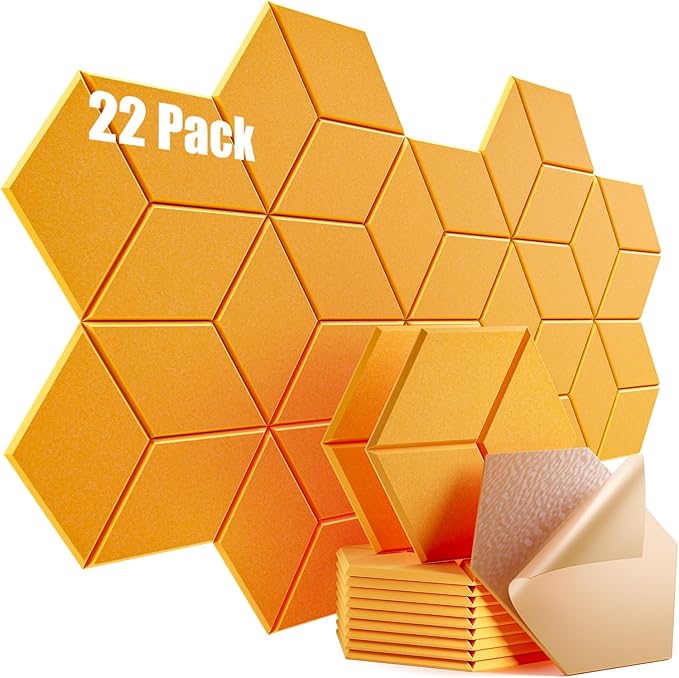 22 Pack Self-Adhesive Acoustic Panels 12" X 10" X 0.4" - Sound Proof Foam Panels with High Density, Y-Lined Design, Flame Resistant, Absorb Noise and Eliminate Echoes(Orange Yellow)