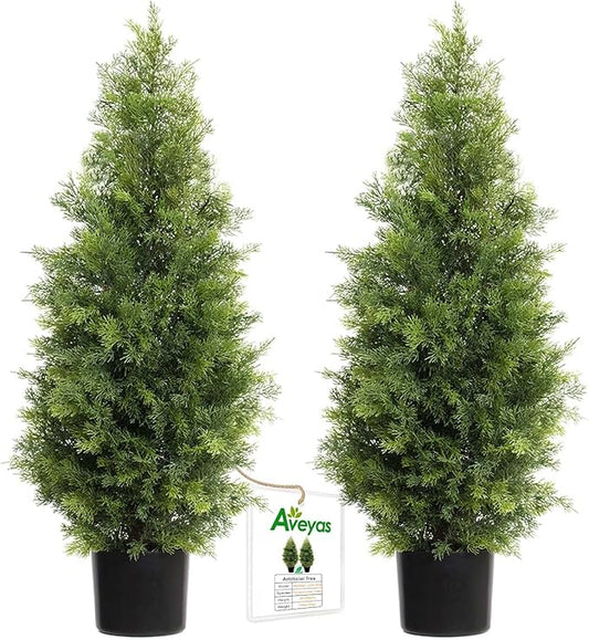 Aveyas 3ft Artificial Cedar Topiary Trees for Outdoor Front Porch Door, 3 Feet Faux Potted Plants Evergreen Fake Pine Cypress Tree for Outside Home Decor (3 ft Tall) - Set of 2 Pack