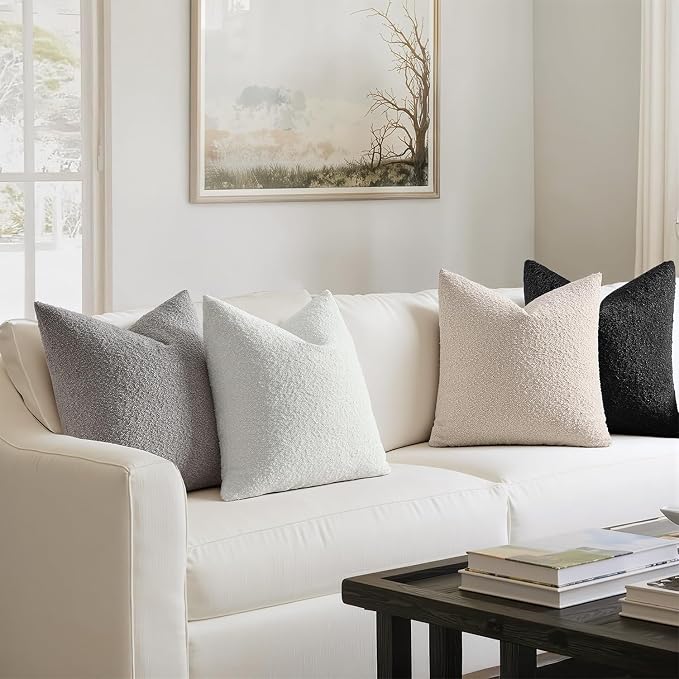MIULEE Pack of 4 Decorative Textured Boucle Throw Pillow Covers | 20x20 Inch Black White Accent Pillow Cases Soft Couch Cushion Covers Modern Farmhouse Boho Sofa Bed Livingroom Home Decor