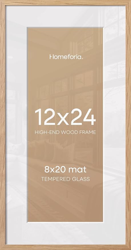 Homeforia 12x24 Wood Frame, High End Natural Oak 12x24 Light Wooden Picture Frame with Mat 8x20, 12 x 24 Poster Frames Matted to 8 by 20 Photo, 24x12 Hanging Frames, Tempered Glass, Wall Kit, Set of 3