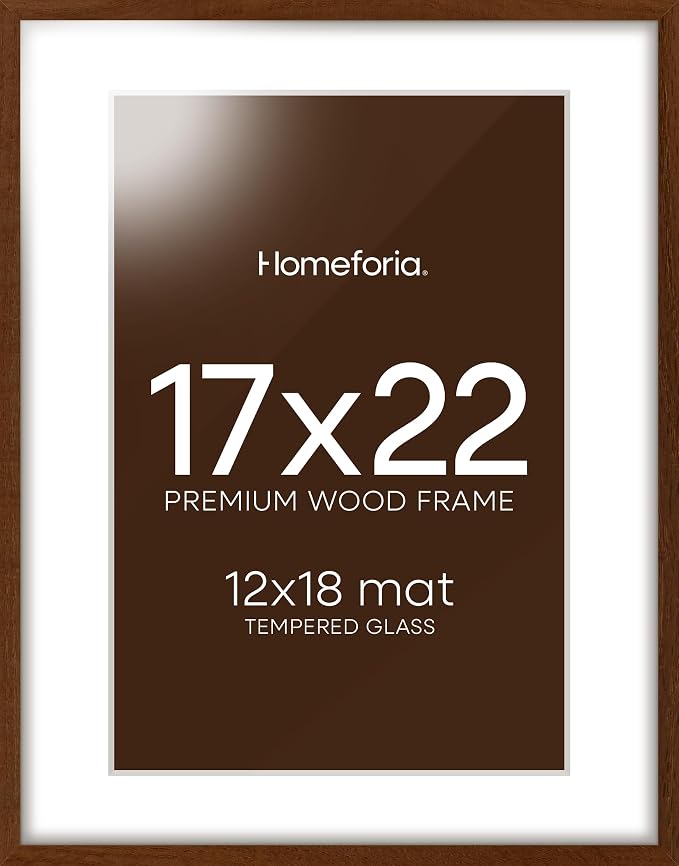 Homeforia 17x22 Picture Frame Brown, High End Dark Oak 17x22 Poster Wood Frame with Mat 12x18 for Photo, 17 x 22 Wooden Walnut Frame Matted to 12 x 18, 22x17 Frames, Tempered Glass, Wall Kit, Set of 3