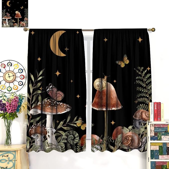 Retro Mushroom Blackout Curtains,Snail Butterfly Window Drapes,Boho Night Plants Leaves Moon Star Botanical for Living Room Kitchen Bedroom,Black Background 52x84in