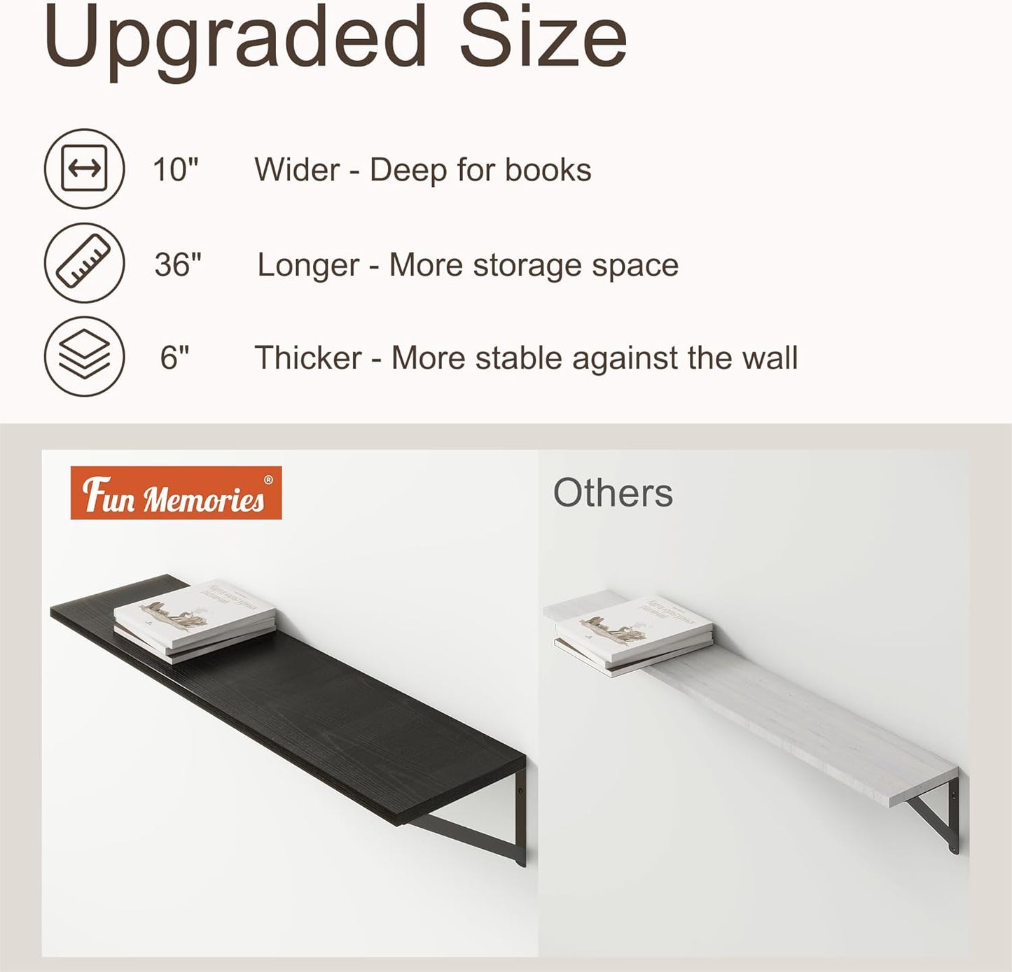 36"W x 10"D Floating Shelves, 10 Inch Deep Black Floating Shelves, Farmhouse Rustic Deep Wall Shelves for Home Decor, Wide Large Floating Shelf for Bathroom, Living Room, Kitchen, Study Room