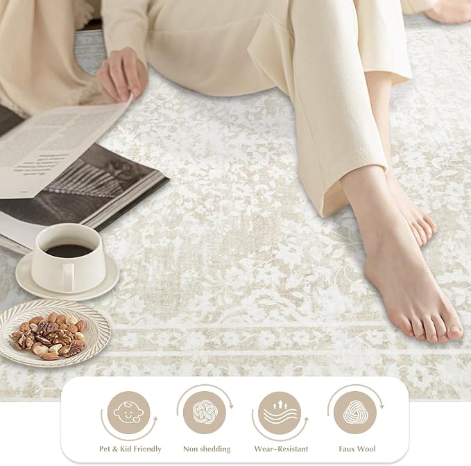 Aoyaomi Vintage Living Room Area Rug - 6x9 Large Machine Washable Boho Area Rug Distressed Floral Rugs for Bedroom, Soft Non-Slip Indoor Floor Accent Rugs for Office Dining Room (Cream Beige, 6'x9')