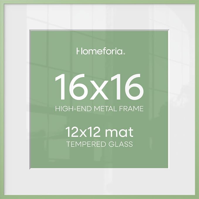 Homeforia 16x16 Picture Frame Sage Green, High End Metal 16 x 16 Square Poster Frames with Mat 12 x 12 Photo, 16x16 Frame Matted to 12x12 Art, 16by16 Hanging Frames, Tempered Glass, Wall Kit, Set of 1