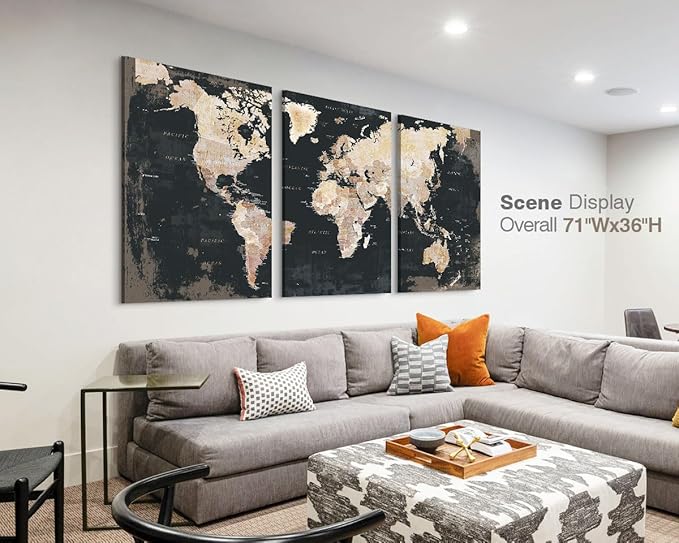 Black Wall Art for Living Room Office Pictures Large Canvas Maps Decor | Modern Antique Wall Map of World Painting Framed Oversized Global Artwork Masculine Mens Home Decor