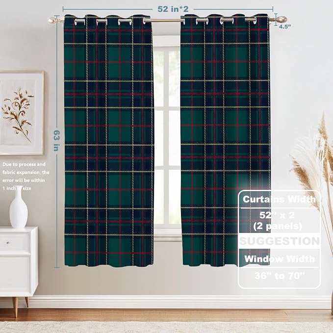 Shrahala Tartan Plaid Blackout Window Curtains, Green Scottish Fabric Kilt Twill Woven Thermal Insulated Curtains Grommet Top Window Drapes for Living Room, Bedroom (2 Panels,52 x 63 in)