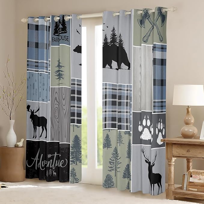 Rustic Patchwork Window Curtains, Checkered Buffalo Plaid Curtains For Kids Teens Adult, Woodland Wildlife Bear Moose Elk Pine Trees Pattern Printed Blackout Curtains Farmhouse Decorations,38"Wx54"L
