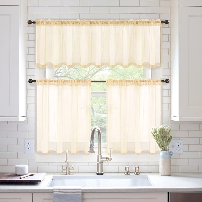 MIULEE 2 Panels Kitchen Tiers Half Window Sheer Curtains Rod Pocket Voile Drapes for Kitchen Bathroom Small Windows 29 by 24 Inch Cream Beige