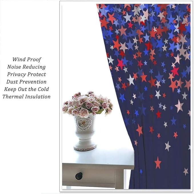 4th of July Curtain,American Flag Blue Red Star Independence Day Drapes for Bedroom Living Room Kitchen Window Treatment 2 Panels Set Total Size 63" W X 72" L Inch