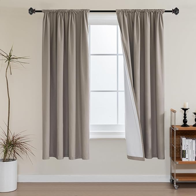 H.VERSAILTEX 100% Black Out Curtains 63 inch Long 2 Panels Set Noise Canceling Drapes for Bedroom Heat Blocking Rod Pocket Curtains Thermal Insulated Living Room (52x63 inch, Taupe)