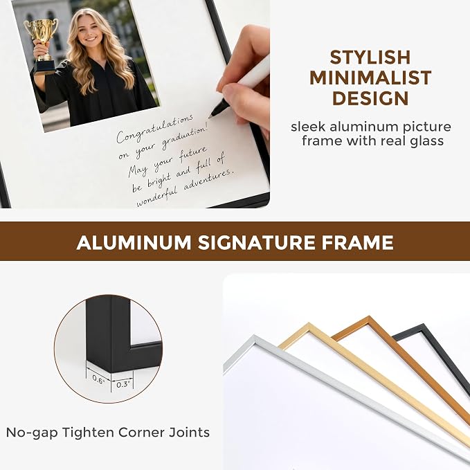 Signature Picture Frame 11x14, Aluminum Signable Frame with Mat, Black | Sleek Black Signable Frame with 5x7 Opening for Wedding, Graduation, Birthday & Baby Shower Guest Book | Wall Kit Included