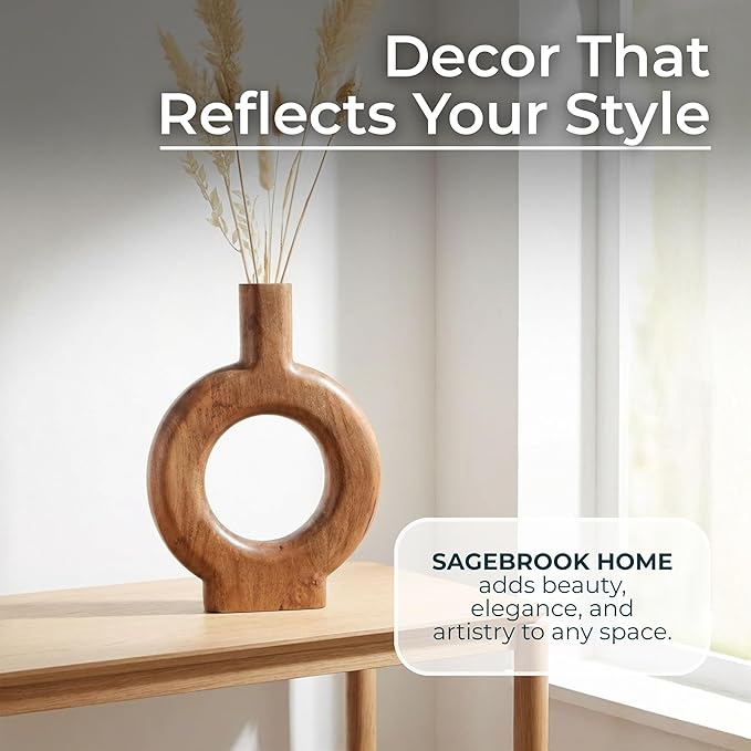 Mango Wood Decorative Vase – Table Decor Flower Holder, Living Room Tabletop Decor, Modern Donut Design Vase Accent for Circle Table Home Decor – 18", Brown