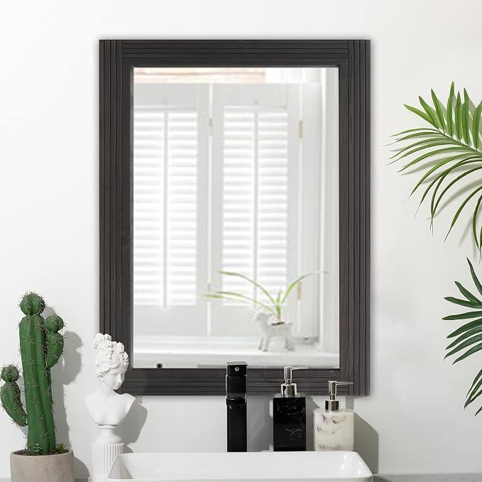 YOSHOOT Hand-Made Wooden Spliced Wall Mirror for Bathroom, Rustic Farmhouse Vanity Mirror, Décor Wall Art, Solid Wood Frame, Vertical or Horizontal Hanging, 60" x 36", Black