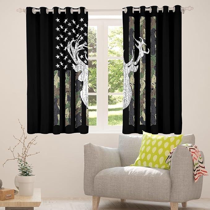 American Flag Curtains For Bedroom,Deer Hunting Window Curtains Army Green Military Camo Window Drapes 52"Wx96"L For Living Room,Western Farmhouse Stars Stripes Window Treatments 2 Panel Set