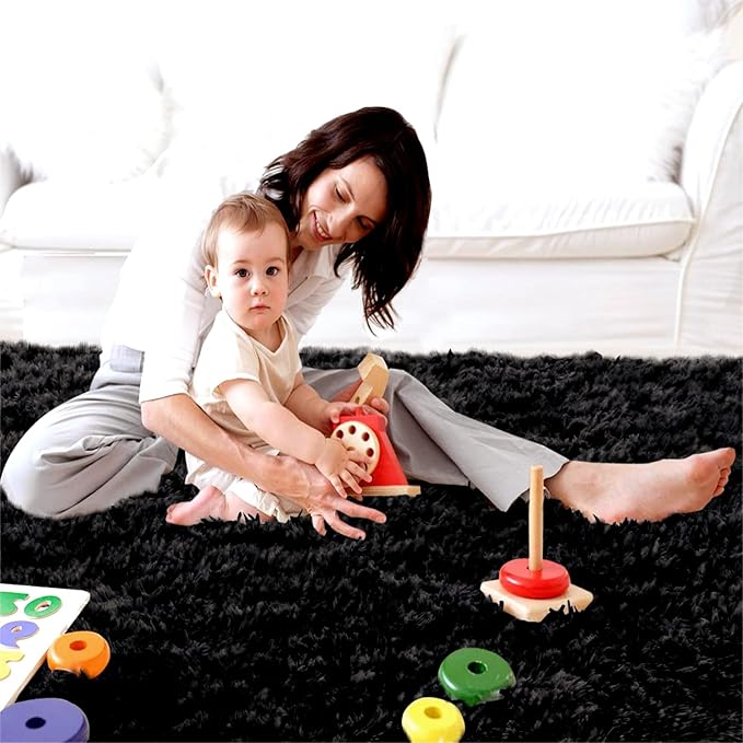 Black Shag Area Rug 9x12 - Large Soft Living Room Bedroom Shaggy Plush Rugs with Rubber Bcaking - Indoor Non-Slip Modern Fuzzy Shaggy Floor Carpet