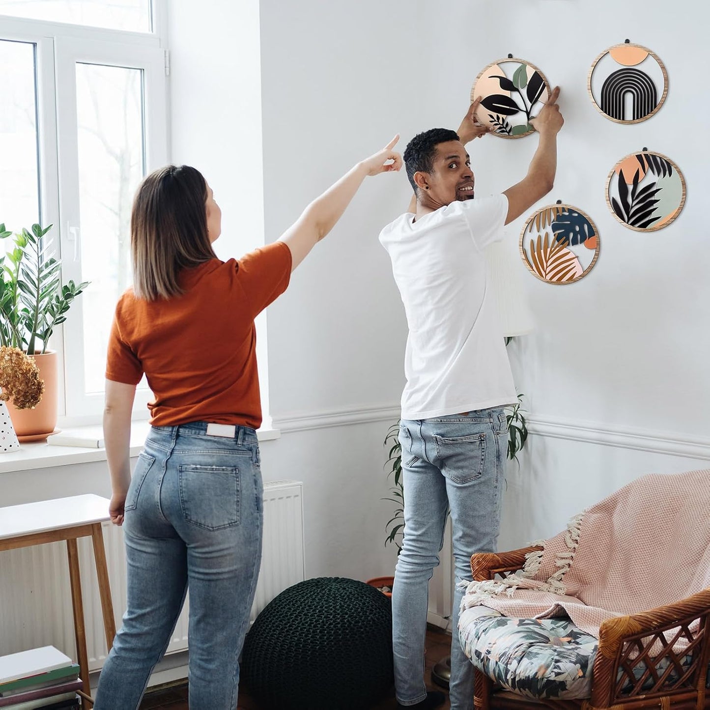 Qunclay 4 Pieces Boho Wall Art Wooden Bohemian Wall Decor Hanging Art Nursery Decor Farmhouse Geometric Hanging 10 Inch Aesthetic Wood Minimalist for Apartment Bedroom(Elegant)