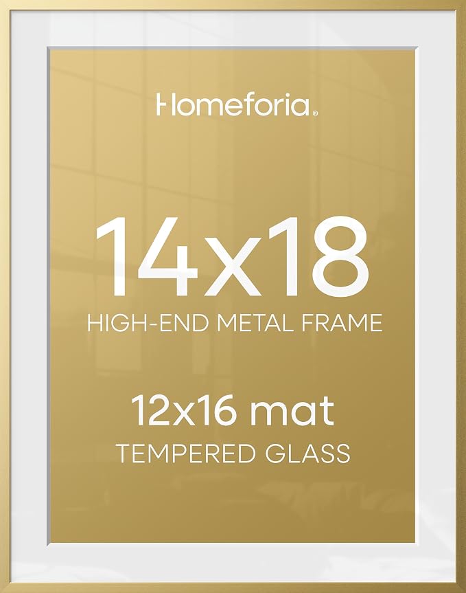 Homeforia 14x18 Picture Frame Gold, High End Metal 14x18 Poster Frames with Mat 12x16 Photo, 14 x 18 Gold Frame Matted to 12 by 16 Print, 18by14 Thin Hanging Frames, Tempered Glass, Wall Kit, Set of 2
