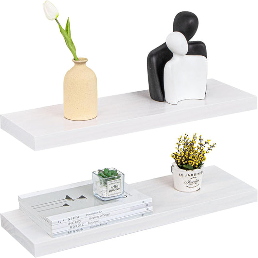 Farmhouse Floating Shelves - 8 Inch Deep Rustic Wood Wall Shelf - Premium Solid Pine Wood Storage Shelf Display Shelf for Kitchen Living Room Bedroom - 24"W x 8"D - Set of 2 - White Color