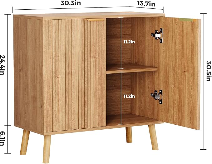 Set of 2 Fluted Storage Cabinet, Buffet Cabinet with Storage, Wood Sideboard with Adjustable Shelf, Modern Accent Cabinet & Console Table for Entryway, Living Room, Dining Room, Natural