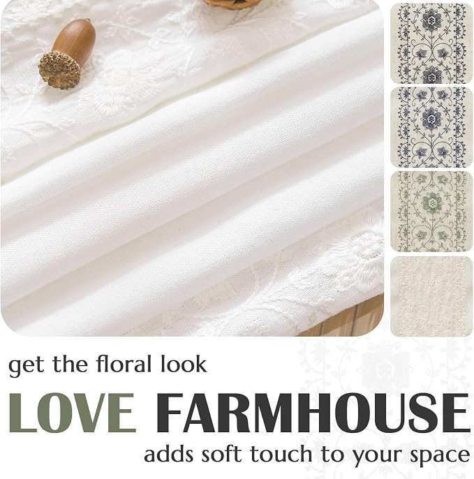 jinchan Weslie White Linen Curtains for Bedroom Vintage Floral Farmhouse Curtains 96 Inches Long Linen Drapes for Living Room Embroidered Light Filtering Drapes Rustic Cottagecore Off White 2 Panels