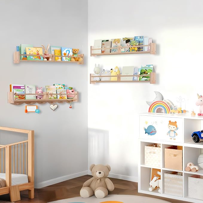 34Inch Nursery Book Shelves Wall Mounted, Floating Book Shelf for Kids Coat Rack with 6 Hooks, Wall Hanging Shelf for Baby Nursery Room Organizer ，Patent Number:US-D1058229-S(4, Burlywood)