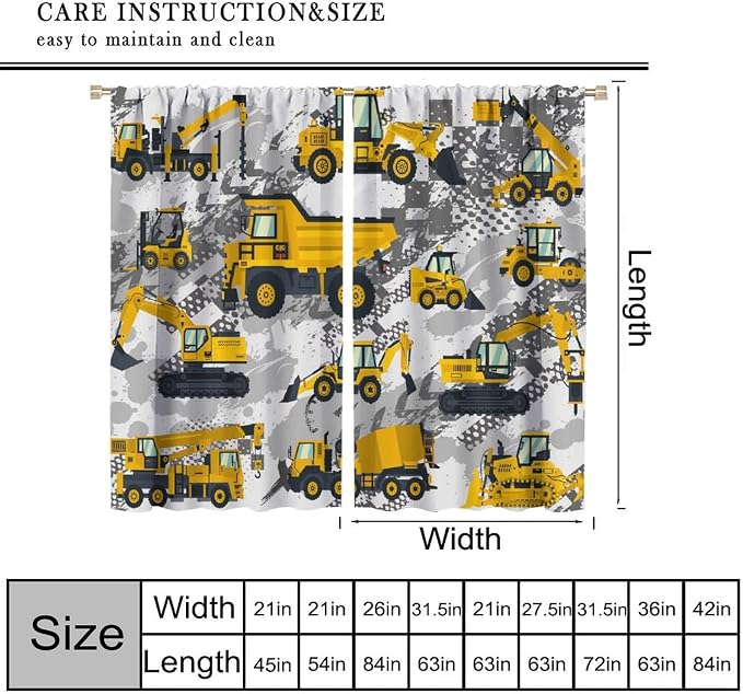 Kids Cartoon Car Curtain Yellow Vehicle Graffiti Excavator for Boys Kids, Window Treatments Curtains Bedroom Cafe Dining Room Living Room Kitchen Office Drapes, 84x84 in
