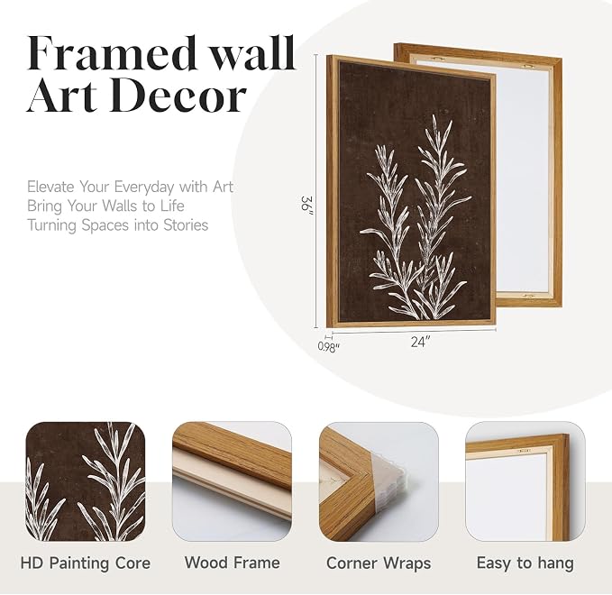 Framed Boho Botanical Wall Art for Living Room, 3 Piece Rustic Floral Canvas Painting Prints, Vintage Framhouse Minimalist Neutral Artwork For Bedroom Hallway Dining Room Wall Decor, 24 x 36 Inch