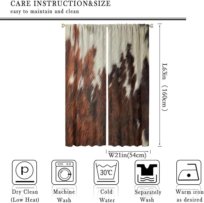 Cow Print Blackout Curtain,Animal Fur Skin Brown White Cowhide Western Rustic Farmhouse Window Treatments Rod Pocket Curtain for Bedroom Living Room Kitchen Decor Drapes 42x63in