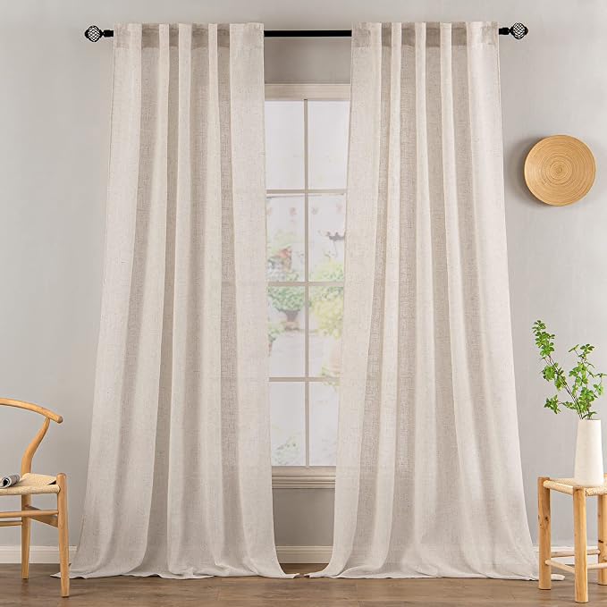 MIULEE Natural White Linen Curtains 102 Inch Length 2 Panels for Bedroom Living Room, Soft Thick Linen Textured Window Drapes Semi Sheer Light Filtering Back Tab Rod Pocket Burlap Look Decor