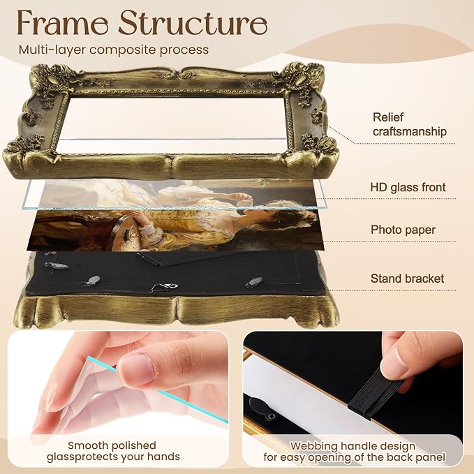 8 Pcs Vintage Picture Frames Set for Gallery Wall, Gold Bronze Ornate Antique Resin Photo Frame Collage Including Round, Oval, Rectangle Shapes in 10x12, 10x10, 5x7 & 4x6 for Wall and Tabletop Display