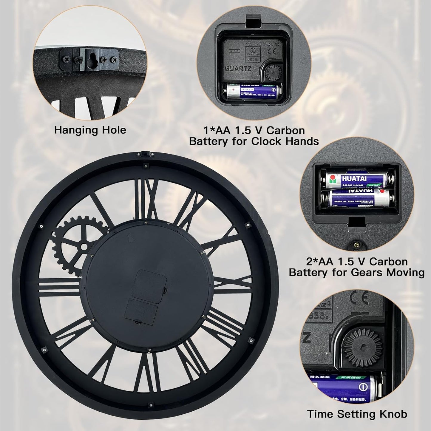 The B-Style Large Wall Clock 24 inch Moving Gear Wall Clock Oversized Vintage Farmhouse Wall Clocks for Living Room Decor Rustic Industrial Wood Clock (Cherry red and Bronze, 36 inch/90cm)