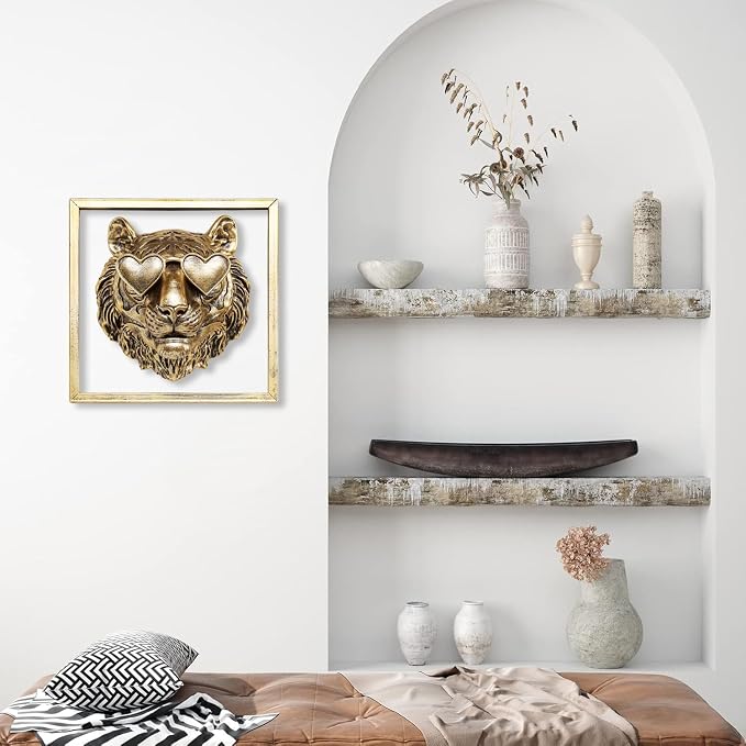 Newinhome Animal Heads Wall Decor (Includes Metal Frame) Resin Animals Sculptures Head Wall Hanging Decoration Gold vintage Wall Sculpture for Living Room Bedroom Office(Tiger)