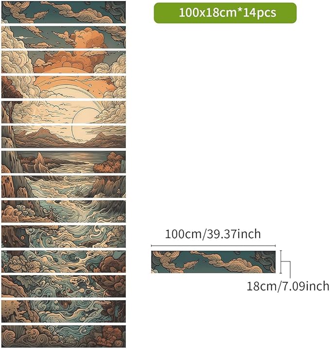 REDAMANCY Boho Orange Sunset Sea Wave Landscape Abstract Peel and Stick Vinyl Stair Riser Decals Staircase Tile Stickers Decor Modern Marble Decoration Self-Adhesive(14 Pcs)