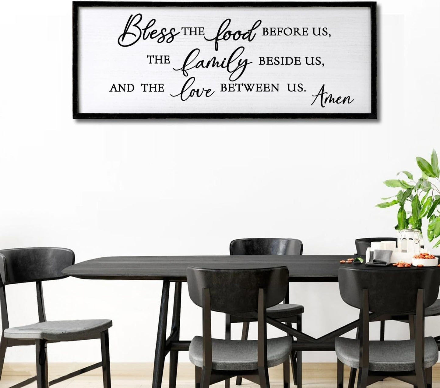 Bless the Food Before Us, the Family Beside Us, and the Love between us Framed Wall Art for Christian God Jesus Christ Prayer, 40''×15'' Positive Holy Religious Rustic Bible Verse for Dining Room