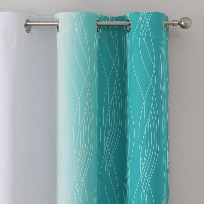 Estelar Textiler Teal and Greyish White Blackout Curtains 45 Inch Length, Light Blocking Gradient Drapes for Bedroom, Thermal Insulated Grommet Ombre Curtains for Bathroom,42Wx45L,2 Panels