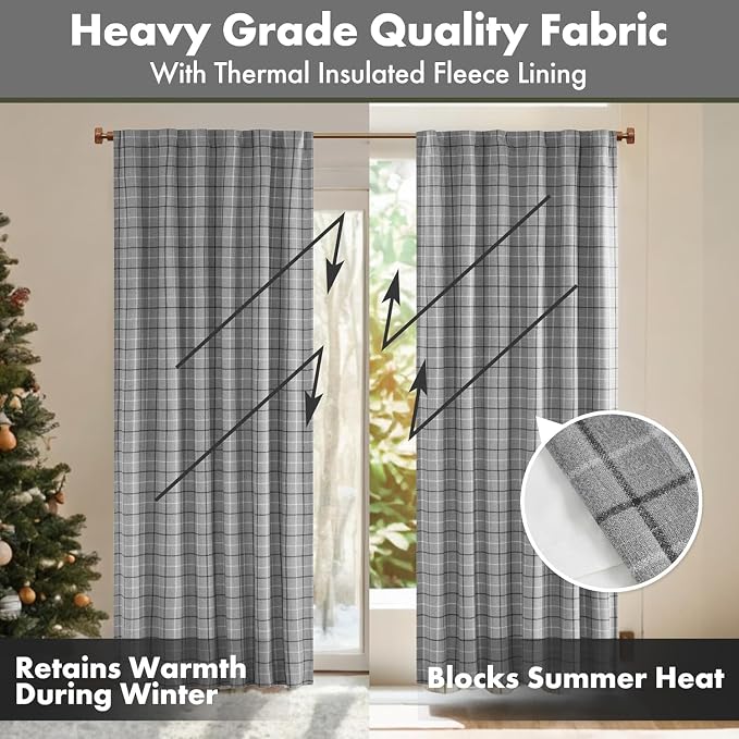 Madison Park Anaheim Cabin Plaid Curtain Window, Thermal Insulated Fleece Lining, Living Room Decor Room Darkening Drape for Bedroom, 1-Single Panel Pack, 50x108, Rod Pocket & Back Tab, Grey