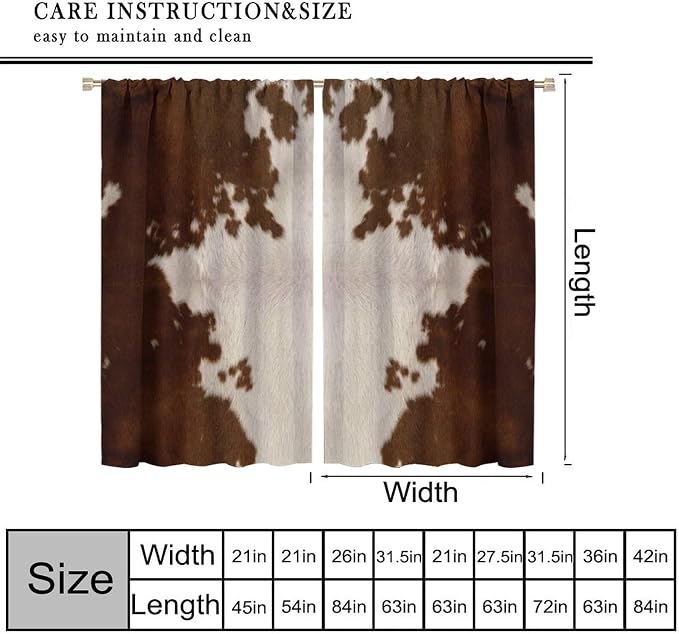 Cowhide Blackout Curtains, Rustic Farm Brown White Cowhide Animal Fur Western Rod Pocket Curtain Window Treatments 2 Panels Drapes for Dining Room Office Living Room Deocr 63" W X 72" L